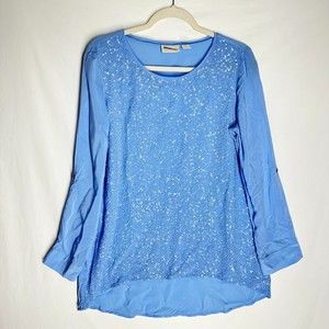 Chico's Womens Pullover Blouse Size Medium Blue Sequin Front Roll Tap Sleeve